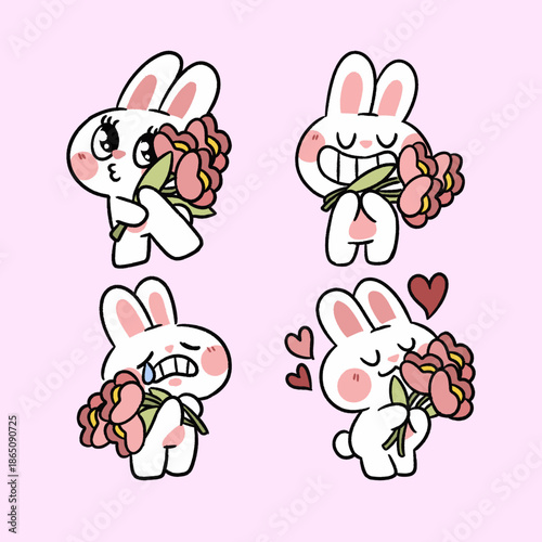 Cute white bunny rabbit sticker set holding peony flower bouquet for Valentine or romantic gifts