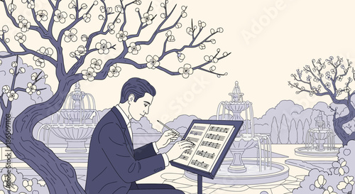 Composer at Work Man Writing Music Under Blooming Tree.