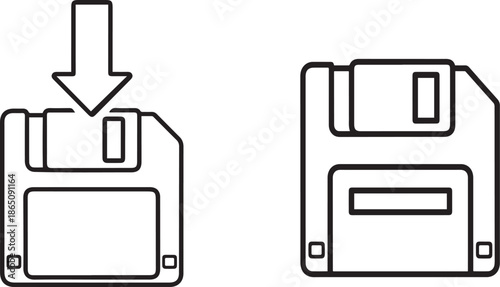 Floppy disk icons showing insertion and standalone on white background Keywords: floppy disk, diskette, storage