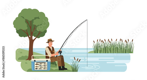Fisherman angling by the lake with fishing rod and tackle box.