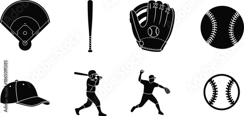 Baseball equipment and player actions in black silhouette on transparent background