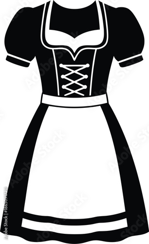 Traditional bavarian dirndl dress design black and white on transparent background silhouette