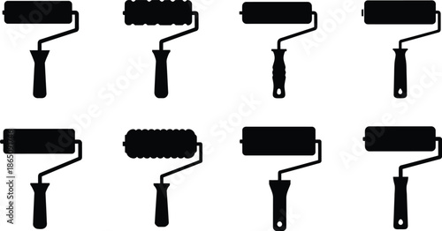 Collection of paint roller silhouettes in various styles on transparent background