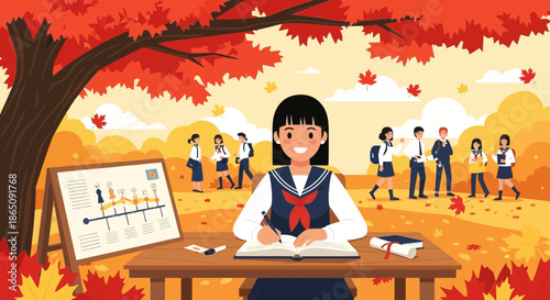 Student in Sailor Uniform Studying Outdoors in Autumn Setting.