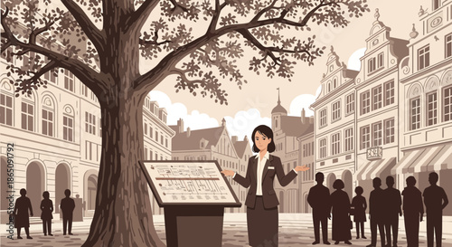 Tour guide leading a group in a historic European city square.