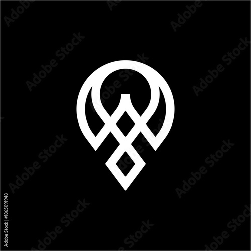 Dynamic W pin with interwoven lines and a sharp, pointed base. Symbolizes connected journey and sharp direction.