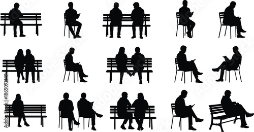 People sitting silhouettes set on benches and chairs, black vector collection for urban lifestyle, waiting, reading, leisure concepts