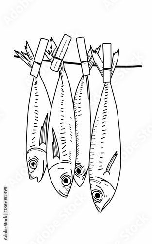 line art fish hanging on a rope with clothespins. Sea Animal coloring page 