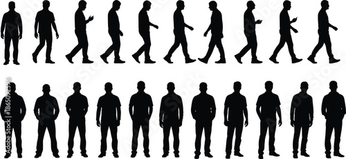 Man walking and standing silhouettes sequence, black male human poses collection for motion study, animation reference, character design use