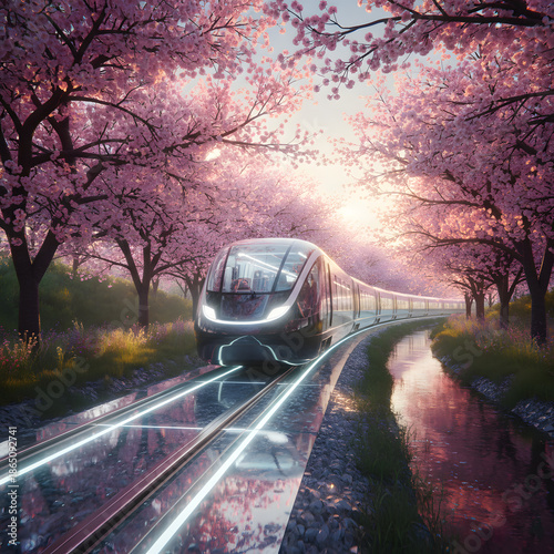 Futuristic High-Speed Train Traveling through Blooming Cherry Blossom Forest at Sunset