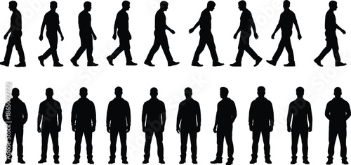 Man walking and standing silhouettes set, black human figure poses collection for motion study, animation reference, and design use