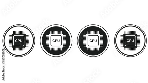Four circular icons depicting computer processors or central processing units