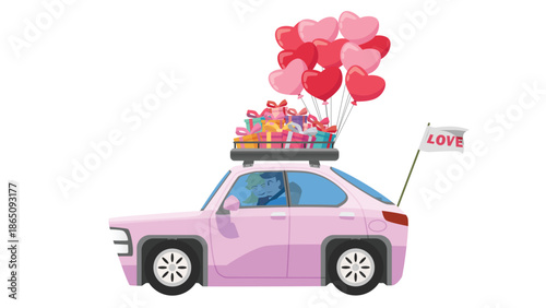 Romantic couple driving pink car with roof rack full of gifts heart balloons and love flag isolated on white background. Valentine's Day road trip concept vector illustration.