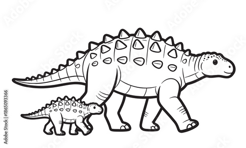 Black and white vector illustration of an ankylosaurus standing in side view while playing with a baby ankylosaurus, designed as a kids coloring page.