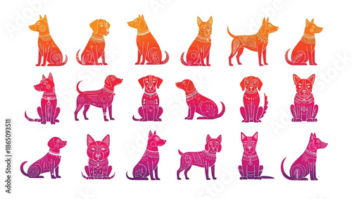 Colorful silhouettes of various dog breeds arranged in a grid pattern