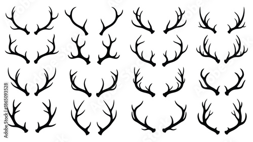 A collection of various black silhouette deer antlers arranged in a grid pattern