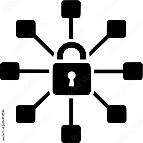 Digital Security Symbol: A central lock connected to multiple points, illustrating a network secured by strong safety measures, conveying data protection in a digital world.