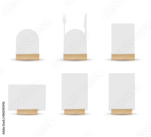 Card table menu holder stand mockup. Paper flyer mock up template. Event promotion wooden frame. Restaurant label. Vector
