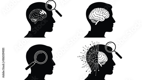 Exploring the human brain silhouettes with detailed brain imagery and magnifying glass