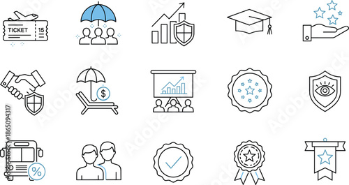Business insurance and finance line icon set with protection, investment, education, growth, trust and reward symbols, modern outline vector illustrationBusiness insurance 