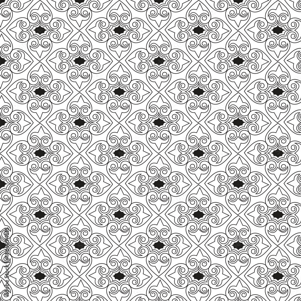 Fototapeta premium Abstract seamless floral pattern with swirling lines decorative flowers and continuous ornamental background