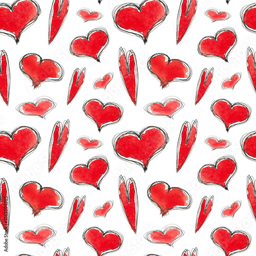 Seamless pattern for Valentine's Day. Collection of watercolor red hearts. Lovely romantic background for fabric, wallpaper, textile, wrapping