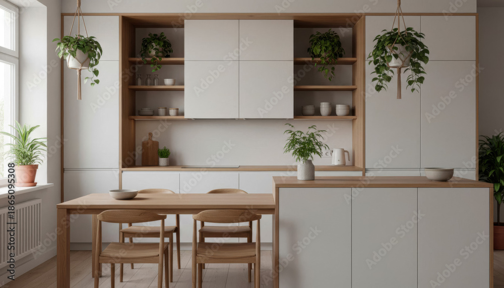 Fototapeta premium Bright Scandinavian kitchen interior with natural light