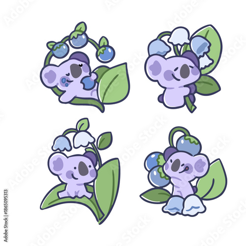 Adorable lilac koala bear with blueberry fruit and lily of the valley plant illustration set