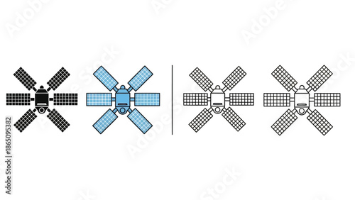 Detailed illustration of four satellite designs with solar panels extended