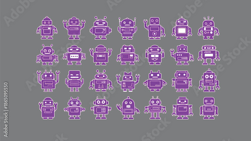 A collection of vividly colored purple pixel art robots on a dark gray background