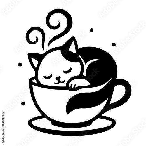 Cartoon vector illustration of a mother cat and baby with a hot cup of coffee with milk and a teapot symbol design in black line art silhouette