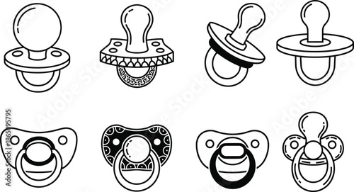Baby pacifier icon set vector, collection of newborn dummy soother silhouettes, infant teething nipple nursery equipment symbols, flat outline design,