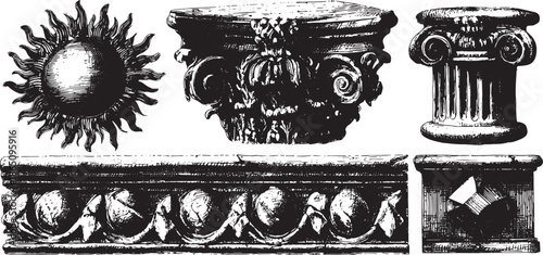 Decorative pillars and columns in vintage style. Black and white vector illustration featuring ornate design details and classical architectural elements in a set.