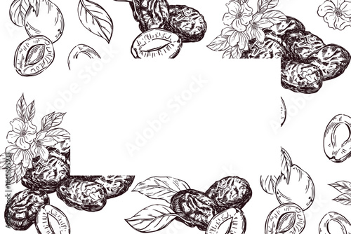 Vector illustration of fruits. Hand drawn vintage style frame with plum and prune fruit, leaves and blossoming flowers. Botanical natural food border sketch illustration. Vector illustration