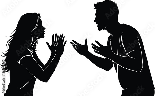 Black Silhouette of a Man and Woman Having a Heated Argument With Expressive Hand Gestures Over a Plain White Background