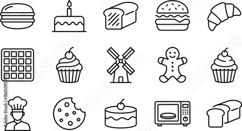 Bakery and pastry line icon set including bread, cake, croissant, cupcake, burger, cookie, chef, oven, windmill, waffle and sweet dessert