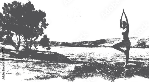 Woman practicing yoga pose by a serene lake. Silhouette against a natural landscape, emphasizing wellness and mindfulness in a peaceful outdoor set. Vector illustration.