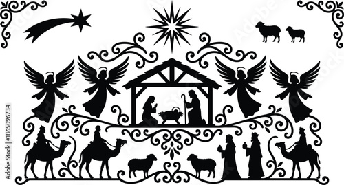 Christmas nativity silhouette scene with holy family, angels, shepherds and wise men, traditional religious illustration isolated on white background