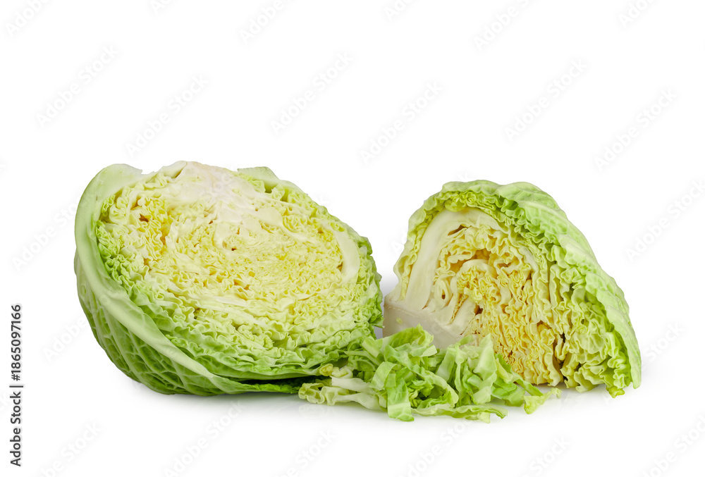Fototapeta premium Savoy cabbage slices isolated on a white background, contour
