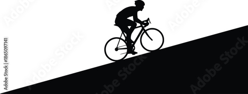 A cyclist rides a bicycle uphill in silhouette against a white background
