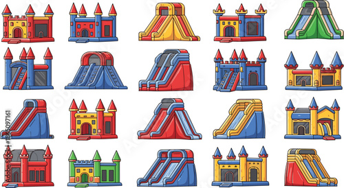 Colorful Collection of Inflatable Bouncy Castles and Water Slides Illustrations for Kids Birthday Parties Outdoor Summer Events and Playground Rental Services