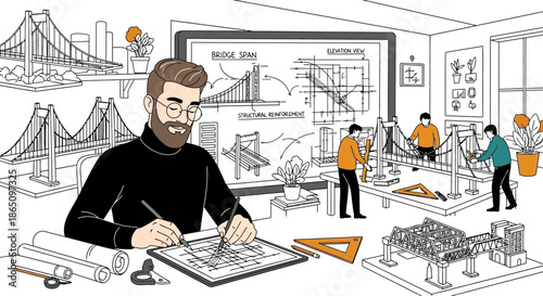 Architect at work Designing a bridge with blueprints and models.