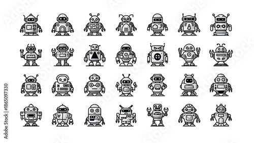 Collection of diverse stylized robot icons in a black and white arrangement