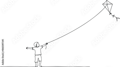 A child flying a kite on a transparent background with a serene expression