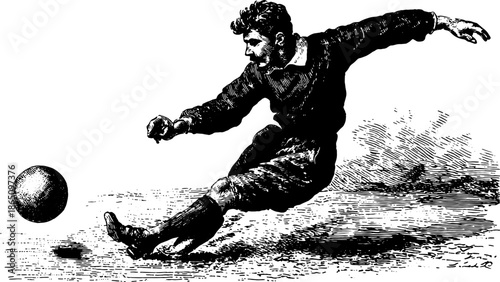Vintage soccer player in dynamic action, kicking a ball. This vector illustration captures athletic movement in a classic style.