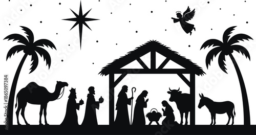Classic nativity scene silhouette with holy family three wise men angel star animals palm trees Christmas biblical illustration