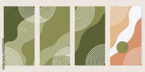 Abstract geometric wall art with flowing lines and earthy color palettes