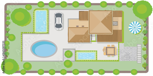Overhead view of a house with garden pool and landscape design elements