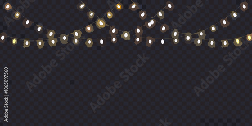 Illuminated string lights hanging against a dark transparent background