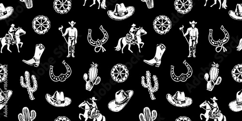 Black and white seamless pattern featuring western and cowboy themed illustrations